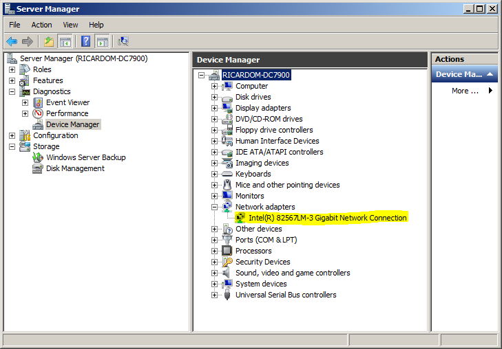 Screenshot of the Server Manager Window on the Device Manager tab. The device name is highlighted in the expanded menu.