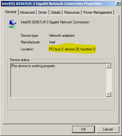 Screenshot of the Properties dialog box on the General tab. The Location output is highlighted.