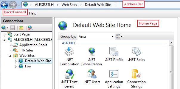 Screenshot of the I I S Manager screen showing the default web site home page.