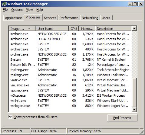 Screenshot that shows Windows Task Manager. The processes tab is selected.
