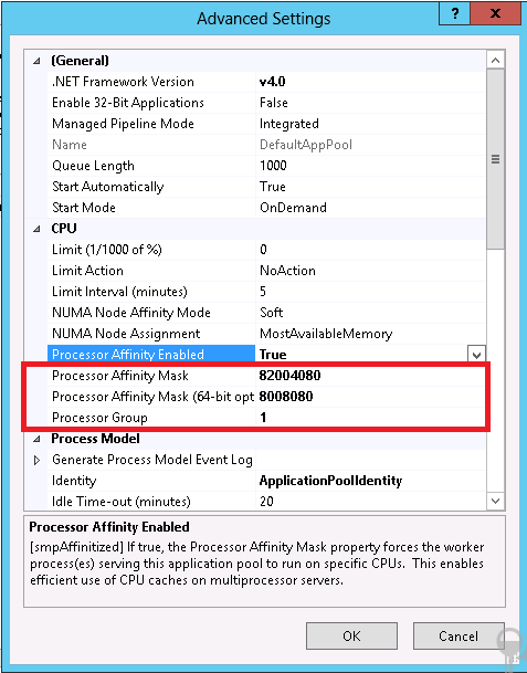 Screenshot that shows the Advanced Settings dialog box. Processor Affinity Mask and Processor Group are highlighted.