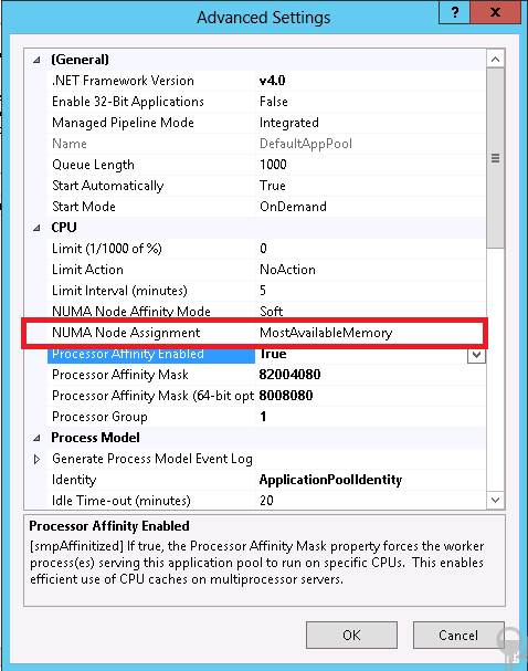 Screenshot that shows the Advanced Settings dialog box. NUMA Node Assignment is highlighted.