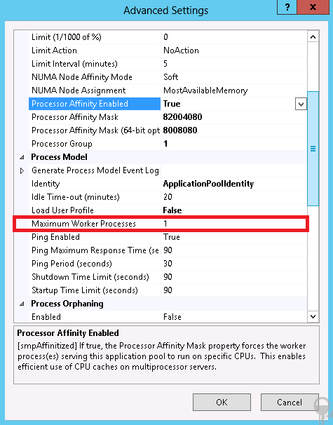 Screenshot that shows the Advanced Settings dialog box. Maximum Worker Processes is set 1 and is highlighted.
