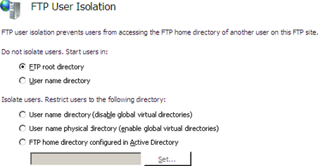 Screenshot of the F T P User Isolation dialog configured for users to start in the F T P Root directory.