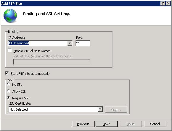 Screenshot of the Add F T P Site dialog with the default Binding and S S L Settings.