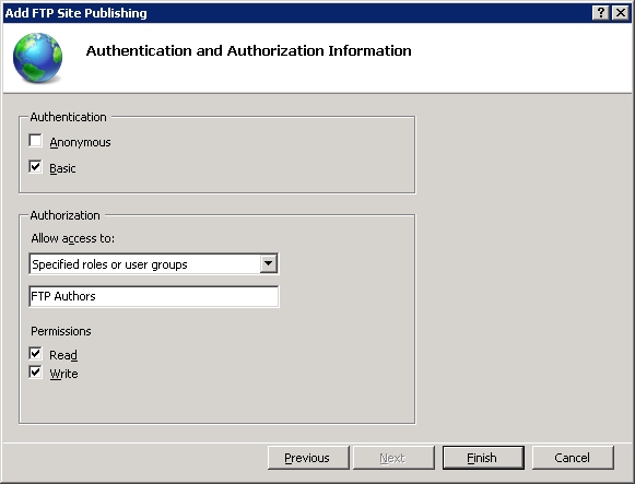 Screenshot of the Add F T P Site Publishing dialog with the default Authentication and Authorization Information settings.