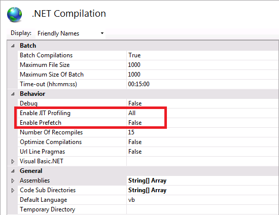 Screenshot of the dot NET Compilation for A S P dot NET three dot five. Enable J I T Profiling and Enable Prefetch behaviors are highlighted.