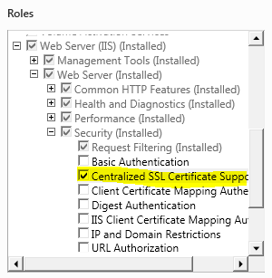 Screenshot of the Server Manager navigation tree. The Centralized S S L Certificate Support option under the Security node is selected and highlighted.