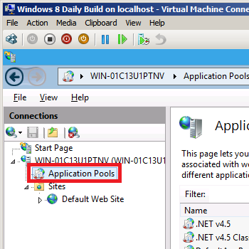 Screenshot showing the connections pane with Application Pools highlighted.