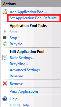 Screenshot of the Actions pane. Set Application Pool Defaults is highlighted.