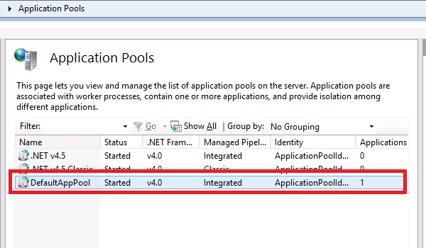 Screenshot showing the Applications Pools page with DefaultAppTool highlighted.