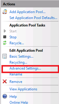Screenshot of the Actions pane with Advanced Settings highlighted.
