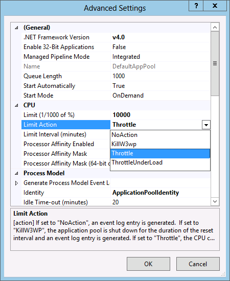Screenshot of the Advanced Settings dialog. Limit Action is set to Throttle.