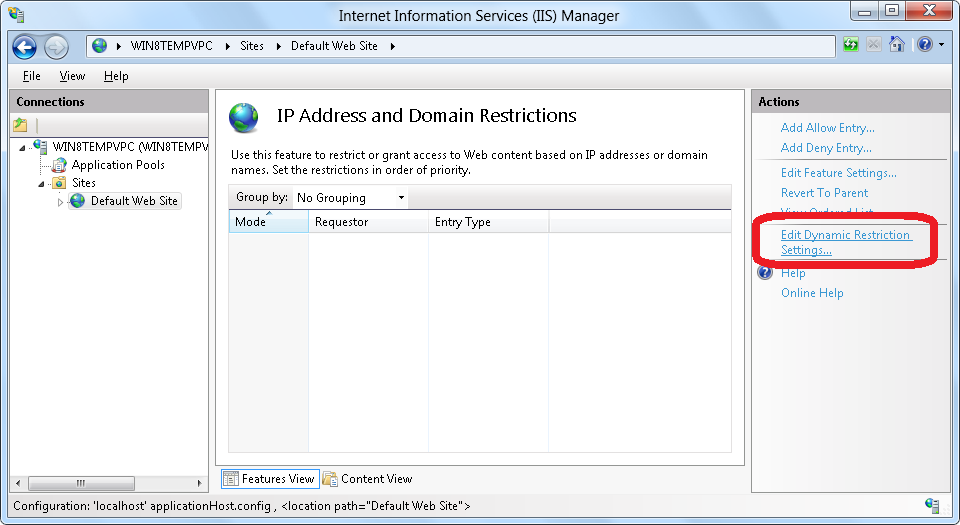 Screenshot that shows the I P Address and Domain Restrictions pane open. Edit Dynamic Restriction Settings is highlighted in the Actions pane.