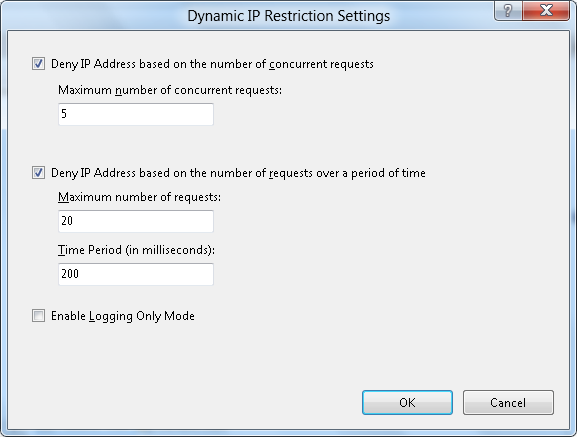 Screenshot that shows the Dynamic I P Restriction Settings dialog box. The first two items have selected checkboxes.