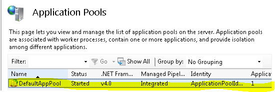 Screenshot that shows the Application Pools pane. The Default App Pool line is highlighted.