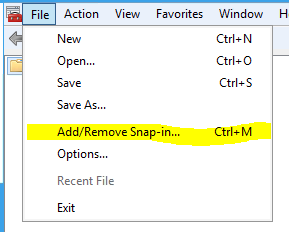 Screenshot that shows the menu for File in M M C. Add Remove Snap in is highlighted.