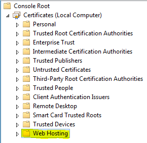 Screenshot that shows Web Hosting highlighted under the Certificates node.
