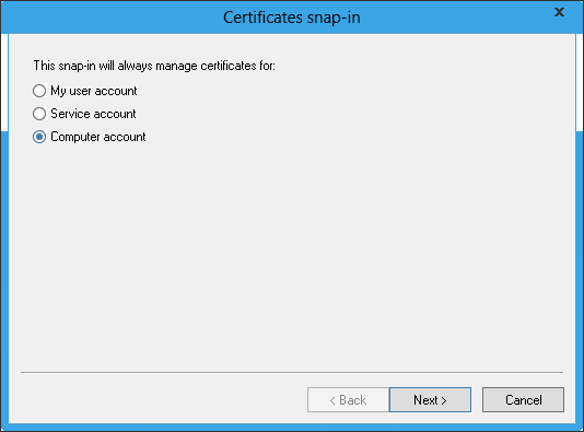Screenshot that shows the Certificates snap in dialog box. Computer account is selected.