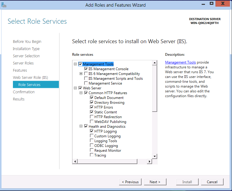 Screenshot of Role Services list to select and install on Web Server I I S with Management Tool highlighted.