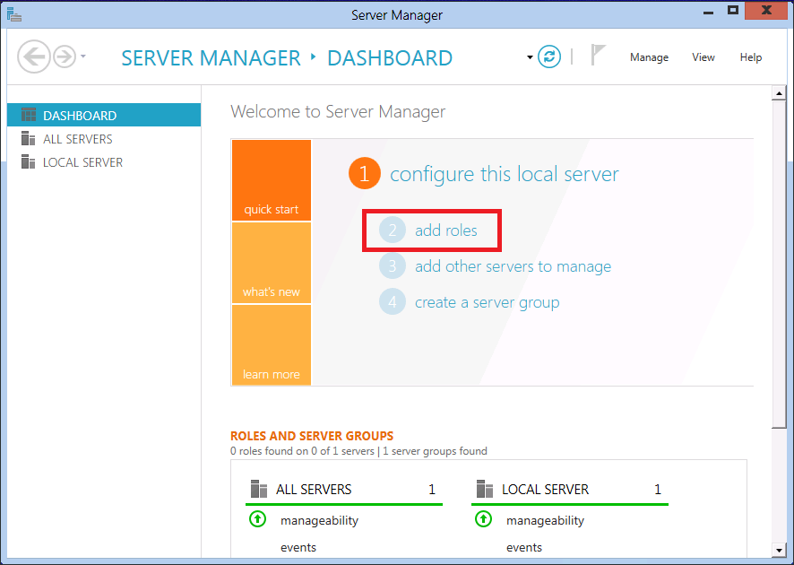Screenshot of the new Server Manager U I with add roles highlighted.