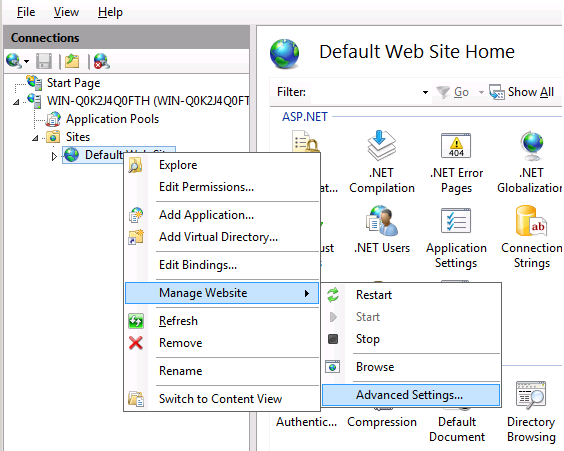 Screenshot of Default Web Site Home with Manage Website and Advanced Settings selected and highlighted.