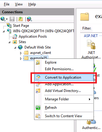 Screenshot of example 35 folder right clicked and the Convert to Application option selected and highlighted.