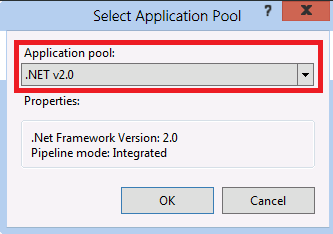 Screenshot of Select Application Pool dialog box with dot NET v 2 point 0 in menu bar highlighted.
