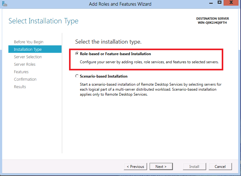 Screenshot of Add Roles and Features Wizard with Role-based or Feature-based installation option highlighted.