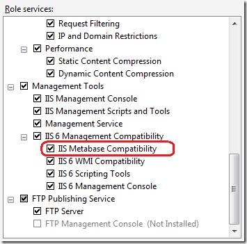 Screenshot of the Role Services pane with a focus on the I I S Metabase Compatibility option.