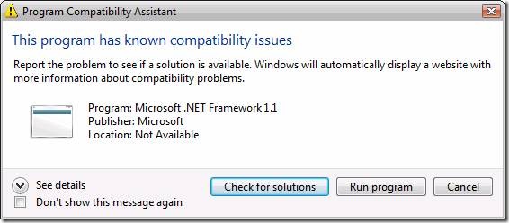 Screenshot of the Program Compatibility Assistant dialog box with a focus on the Run program option.