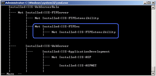 Screenshot that shows the Command Prompt window. The output shows I I S F T P Service and Extensibility are not installed.