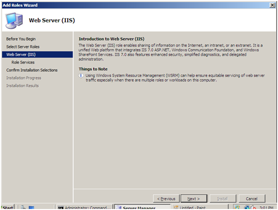 Screenshot of the Add Roles Wizard dialog box for the Web Server I I S page.