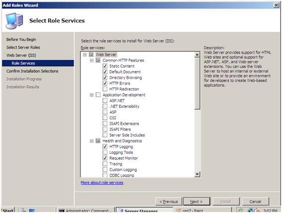 Screenshot of the Add Roles Wizard Select Role Services page.