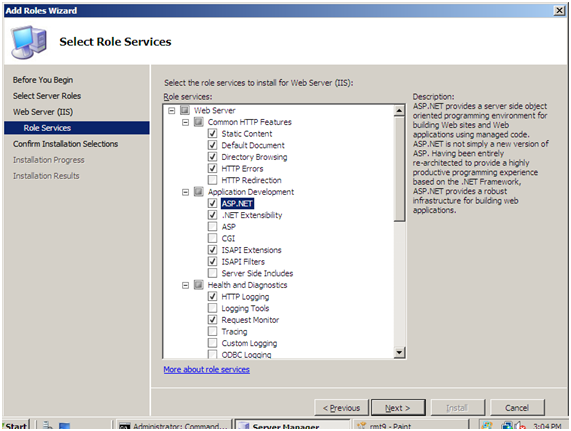 Screenshot of the Add Roles Wizard on the Role Services tab. A S P .Net is highlighted in the expanded menu.