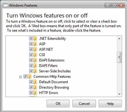 Screenshot of the Windows Features dialog box. Turn Windows features on or off is the heading. A list of features is shown. All of the features are checked.