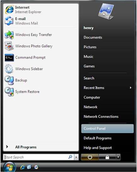 Screenshot of the Start menu. In the right pane, Control Panel is selected.