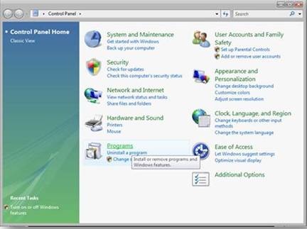 Screenshot of the Control Panel Home page. Programs is selected.