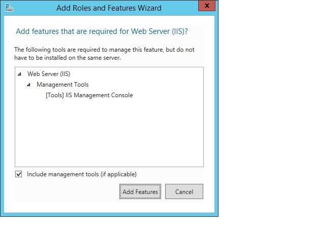 A screenshot that shows the Add Features page in Windows server 2012.