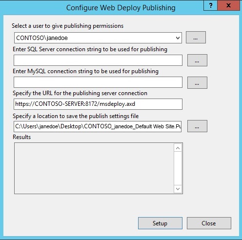 Screenshot of the Configure Web Deploy Publishing dialog box. Under Select a user to give publishing permissions is the text C O N T O S O backslash john doe.
