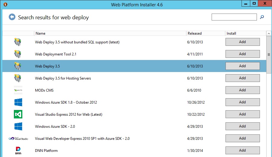 Screenshot of the Web Platform Installer four point six. Web Deploy three point five is highlighted.