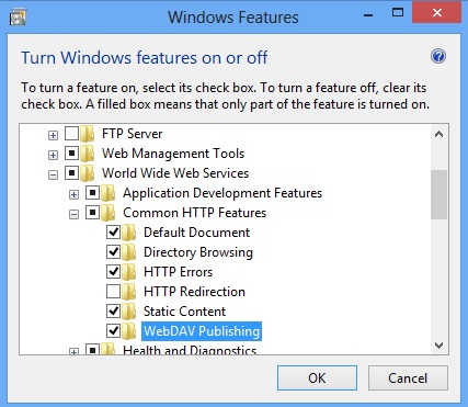 Screenshot that shows Web DAV Publishing selected for Windows 8.