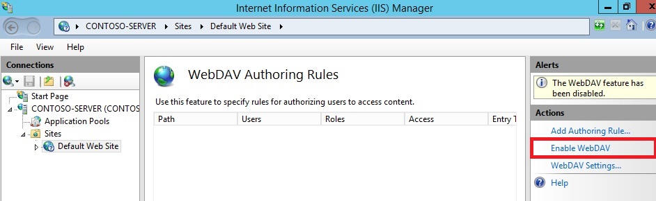 Screenshot that shows the Web DAV Authoring Rules pane. Enable Web DAV is highlighted in the Actions pane.