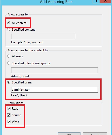 Screenshot that shows Add Authoring Rule dialog box. All content, Specified users, Read, Source and Write are all highlighted and selected.