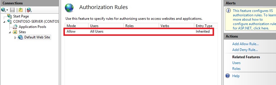 Screenshot that shows the Authorization Rules pane. The Allow rule is highlighted.