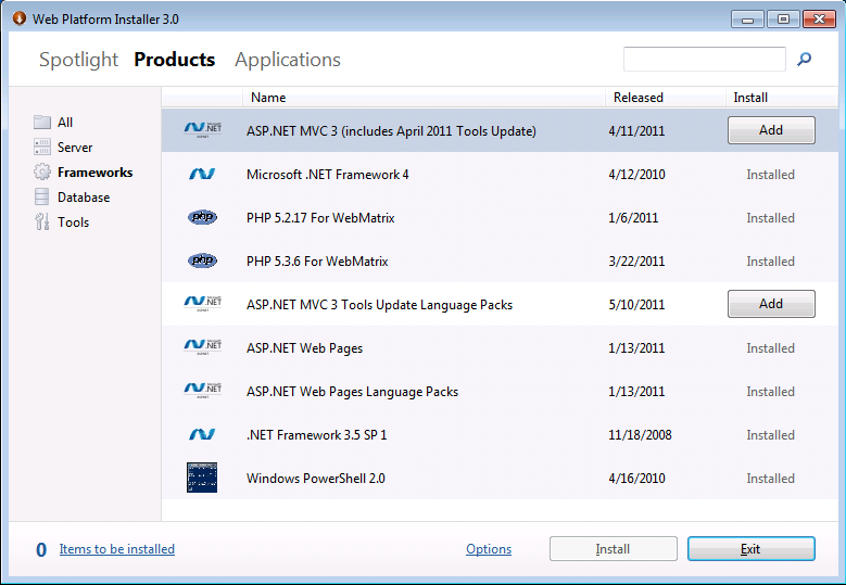Screenshot of the Web Platform Installer 3 displaying the Products page. The Frameworks section is selected.