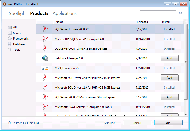 Screenshot of the Web Platform Installer 3 displaying the Products page. The Database section is selected.