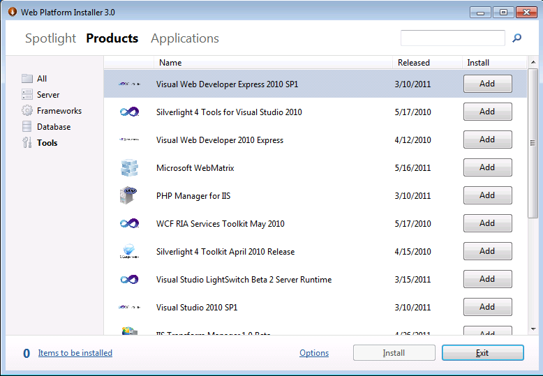 Screenshot of the Web Platform Installer 3 displaying the Products page.The tools section is selected.