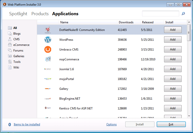 Screenshot of the Web Platform Installer 3 displaying the Applications page. The All section is selected.