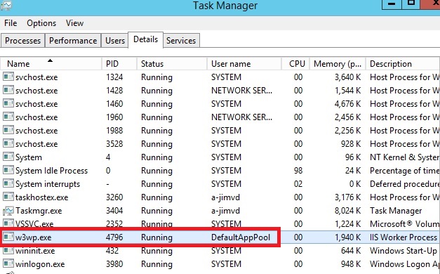 Screenshot of the Task Manager screen with a focus on the W 3 W P dot E X E I I S worker process.